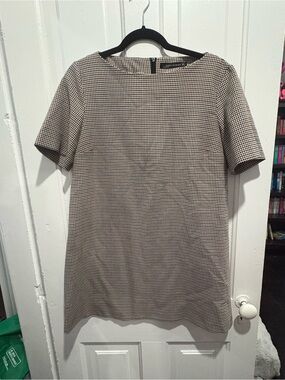 Zara Woman Tweed Houndstooth Shift Dress in Black, White and Brown
